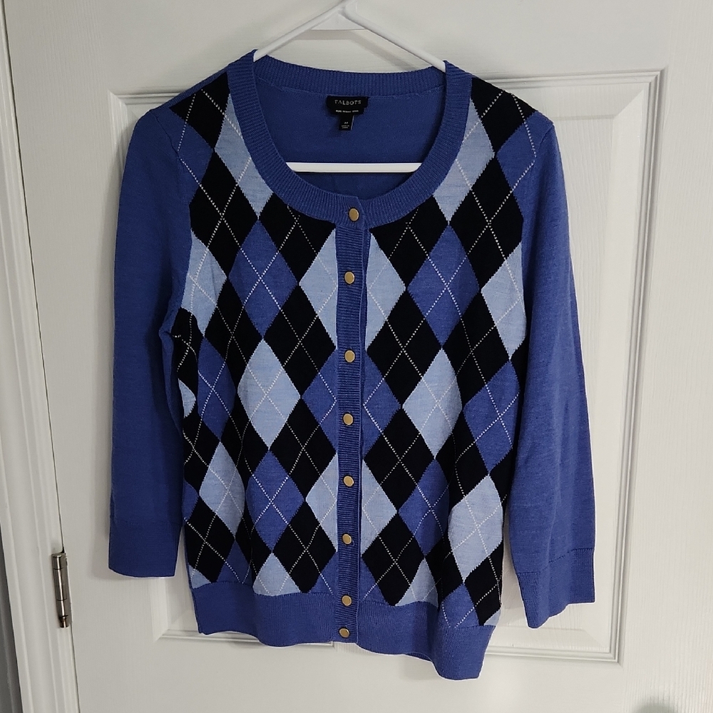 NWOT. Talbots Argyle Cardigan Pure Merino Wool Sz.Medium